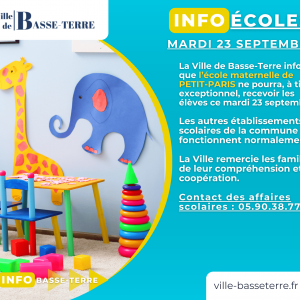 Mardi 23 septembre - Fermeture excecptionnelle école maternelle PETIT-PARIS